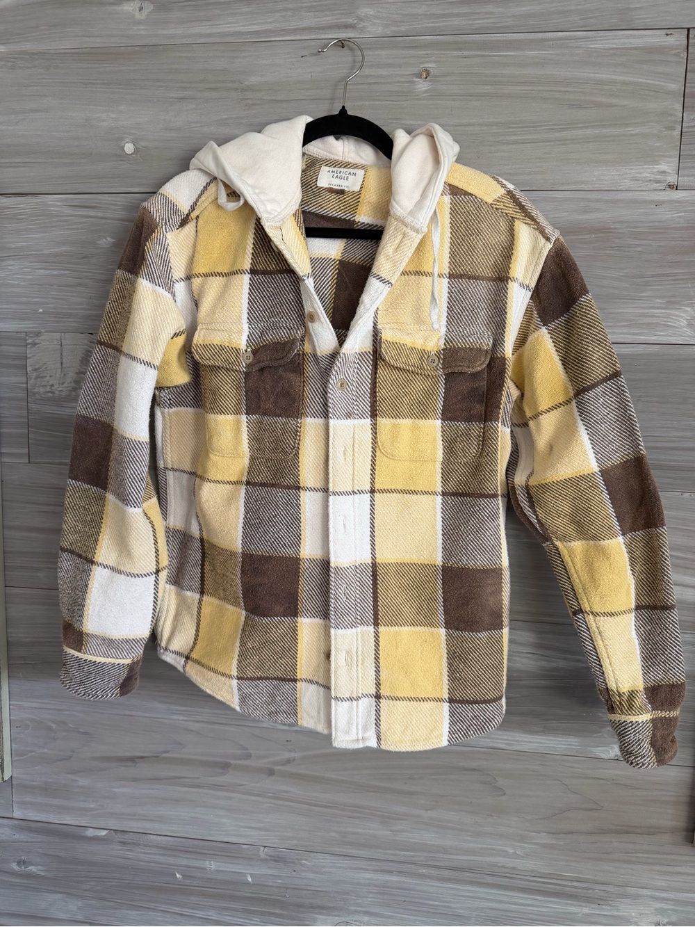 American Eagle Outfitters Yellow Brown Cream Plaid Button Up Hooded Sweater